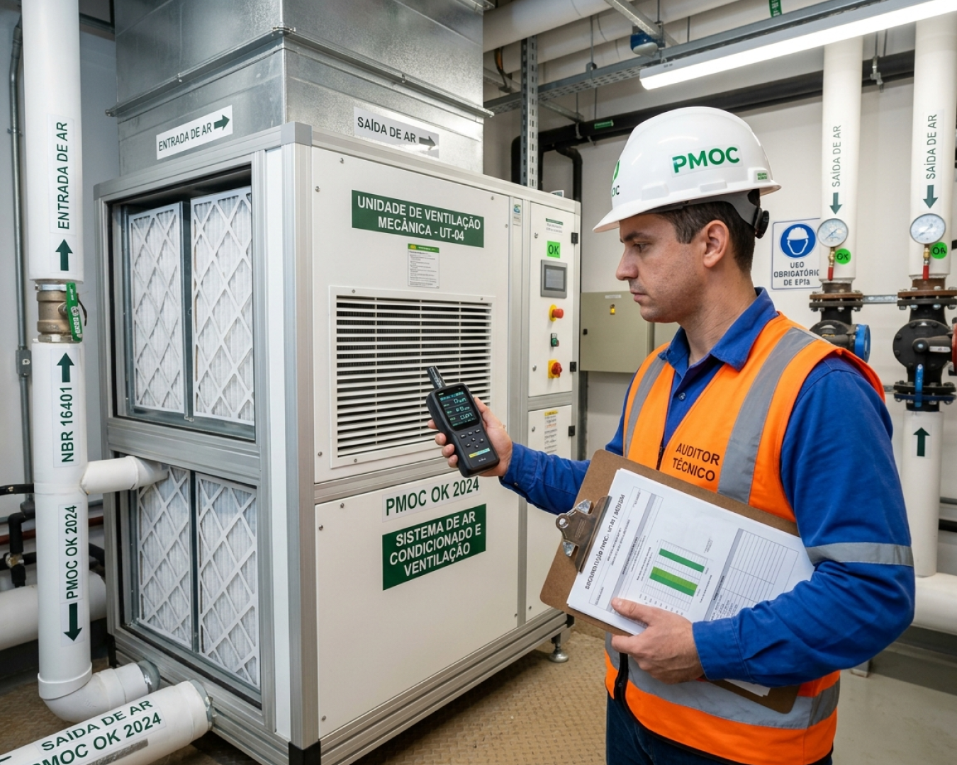 Auditoria técnica confirmando a conformidade de uma instalação de sistemas hvac.