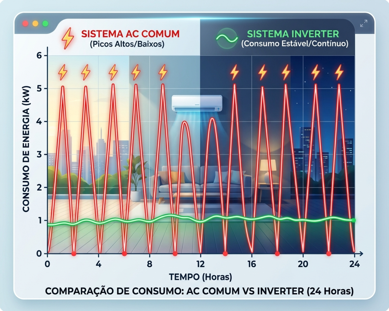 Gráfico comparativo de consumo demonstrando a eficiência energética em ar condicionado com sistema Inverter.