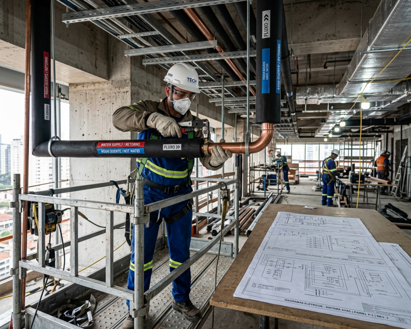 Profissional realizando a instalação de sistemas hvac corporativos seguindo rigorosos padrões de segurança.